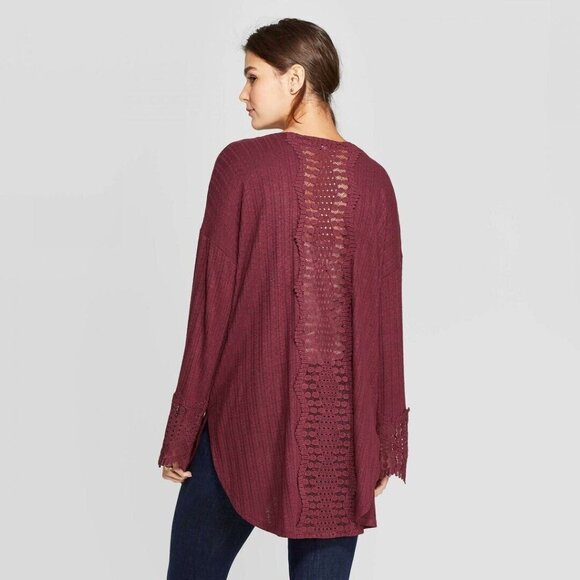 Xhilaration Open Cardigan Sweater Women’s Size‎  Medium Burgundy Lace Details - Picture 2 of 8